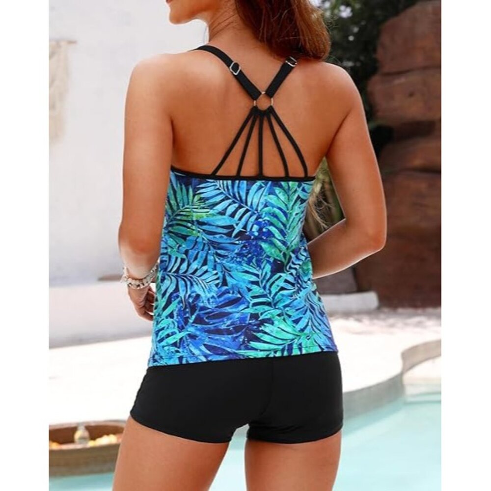 Yonique Size Medium Two-Piece Tankini Swimsuit Criss Cross Back Top Shorts - Picture 4 of 8